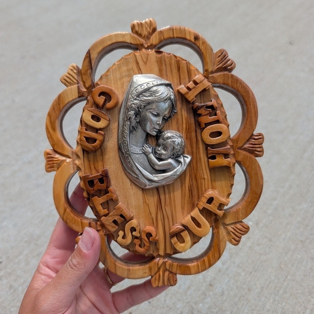 Olive Wood God Bless Our Home Wall Plaque Silver Metal Madonna Child Palestine - Picture 1 of 4